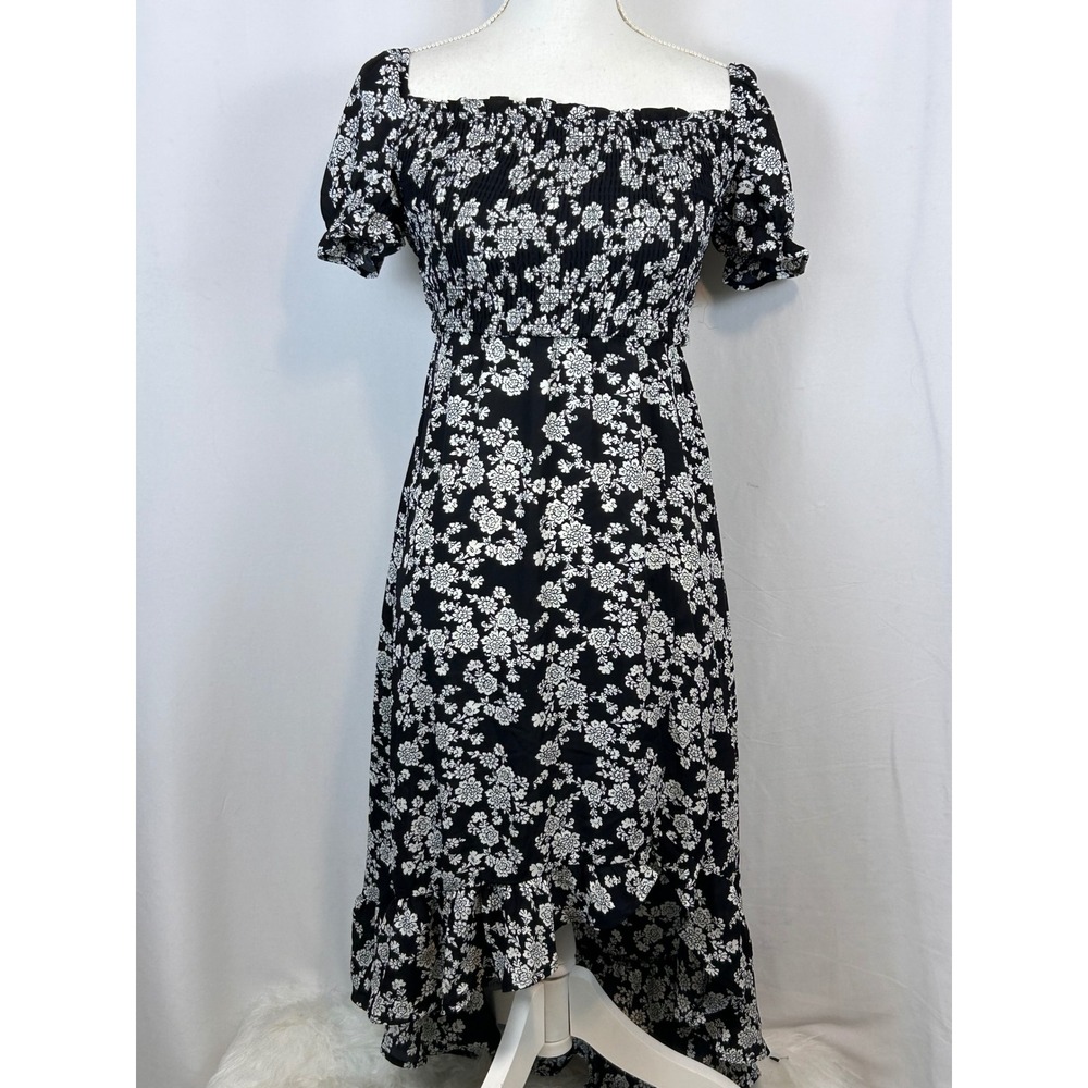 Black and White Floral Smocked Midi Dress Ruffle High Low Hem Square Neck Womens